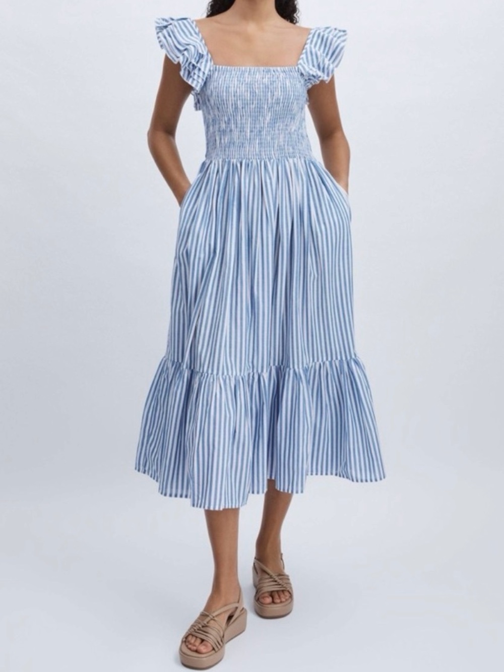 Mille Olympia Linen Midi Dress Size Small Smocked Tiered Ruffle Sleeve